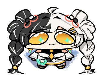 1girl bare_shoulders black_hair braid braided_twintails china_dress chinese_clothes detached_sleeves dialyn_(zenless_zone_zero) dress earrings hair_ornament jewelry long_hair looking_at_viewer multicolored_hair solo split-color_hair white_background white_hair wtvr_ccc yellow_eyes zenless_zone_zero