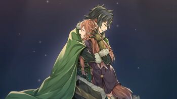 Rule 34 | animal ears, belt, black belt, black gloves, black hair, brown hair, brown tail, cape, closed eyes, coat, comforting, crying, fingerless gloves, fur-trimmed sleeves, fur trim, game cg, gloves, green cape, hand on another's head, hug, iwatani naofumi, kneeling, non-web source, official art, open mouth, profile, purple coat, raphtalia, sitting, sobbing, tate no yuusha no nariagari, tate no yuusha no nariagari rise, tears, teeth, tongue, upper teeth only