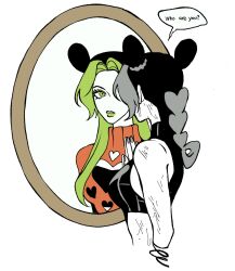 2girls black_hair braid braided_bun braided_ponytail breasts clamchowder55 cleavage_cutout clothing_cutout cone_hair_bun crop_top different_reflection double_bun english_text green_eyes green_hair green_lips grey_hair hair_bun heart_cutout highres irene_(jojo) jojo_no_kimyou_na_bouken kuujou_jolyne long_hair makeup midriff mirror multicolored_hair multiple_girls orange_sweater reflection shirt sleeveless sleeveless_shirt solo speech_bubble stone_ocean sweater turtleneck turtleneck_sweater two-tone_hair