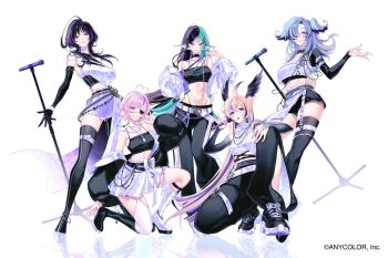 5girls ahoge aqua_hair black_gloves black_hair black_thighhighs blue_hair blush breasts candy commentary copyright_notice elbow_gloves elira_pendora english_commentary enna_alouette eyepatch finana_ryugu fins food full_body gloves grin head_fins head_wings heart heart_ahoge high_heels highres holding holding_candy holding_food holding_lollipop holding_microphone_stand jacket large_breasts linea_alba lollipop long_hair maria_marionette medium_breasts meloco_kyoran microphone_stand midriff multicolored_hair multiple_girls navel nijisanji nijisanji_en nrnmarie off_shoulder on_one_knee pants pink_eyes pink_hair purple_eyes purple_hair short_hair side_slit_pants simple_background small_breasts smile squatting streaked_hair sweatpants thighhighs virtual_youtuber white_background wings