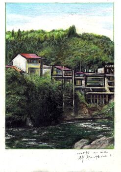 absurdres baden_hiroshi blue_sky border building colored_pencil_(medium) commentary_request dated day forest highres nature no_humans original outdoors river scenery sky traditional_media translation_request white_border