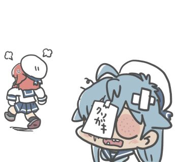 Rule 34 | 2girls, anger vein, black pantyhose, black shorts, blue hair, blue neckerchief, blue sailor collar, blue skirt, braid, chipped tooth, commentary request, etorofu (kancolle), feet out of frame, ferret-san, gloves, gradient hair, hat, index finger raised, kantai collection, multicolored hair, multiple girls, neckerchief, negative space, orange hair, pantyhose, paper, puff of air, revenge, sado (kancolle), sailor collar, sailor hat, school uniform, serafuku, shirt, short hair, shorts, shorts under skirt, side braid, skirt, sleeveless, sleeveless shirt, white gloves, white hat, white shirt