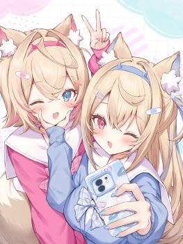 2girls ;d absurdres animal_ears bandaid bandaid_hair_ornament blonde_hair blue_bow blue_bowtie blue_eyes blue_hair blue_hairband blue_sweater bow bowtie breasts commentary_request crossed_bangs dog_ears dog_girl dog_tail double-parted_bangs fake_horns fang fuwawa_abyssgard hair_between_eyes hair_intakes hair_ornament hairband hairclip hand_on_another&#039;s_chin highres holding holding_phone hololive hololive_english horn_hairband horns large_breasts long_hair mococo_abyssgard multicolored_hair multiple_girls neru5 one_eye_closed open_mouth parallel_hairclips phone pink_bow pink_bowtie pink_eyes pink_hair pink_hairband pink_sweater sailor_collar selfie shirt short_hair siblings sisters skin_fang smile streaked_hair sweater tail twins two_side_up upper_body v-neck virtual_youtuber white_sailor_collar white_shirt x_hair_ornament