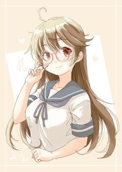 1girl absurdres alternate_hair_length alternate_hairstyle bandaid bandaid_on_face bespectacled blue_neckerchief blue_sailor_collar brown_eyes brown_hair commentary_request cropped_torso fyuo glasses highres kantai_collection long_hair neckerchief oboro_(kancolle) red-framed_eyewear round_eyewear sailor_collar sailor_shirt school_uniform serafuku shirt short_sleeves smile solo upper_body white_shirt