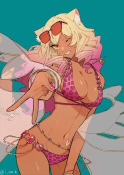 1girl absurdres animal_ears animal_print bikini blonde_hair breasts brown_eyes commentary_request drill_hair eyewear_on_head fate/grand_order fate_(series) fox_ears gradient_hair green_background gyaru highres jewelry large_breasts leopard_print leopard_print_bikini long_hair multicolored_hair navel one_eye_closed pendant pink_bikini pink_hair pink_nails pluto11sco print_bikini smile sunglasses suzuka_gozen_(fate) suzuka_gozen_(swimsuit_rider)_(fate) suzuka_gozen_(swimsuit_rider)_(second_ascension)_(fate) swimsuit tan twitter_username v