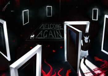 Rule 34 | 1boy, absurdres, artist name, black eyes, black hair, black shorts, black socks, black tank top, choccymilk303, closed mouth, collarbone, colored skin, commentary, door, english commentary, english text, highres, kneehighs, looking at viewer, male focus, omori, omori (omori), open door, shorts, socks, solo, standing, striped clothes, striped shorts, tank top, tissue, tissue box, two-tone shorts, vertical-striped clothes, vertical-striped shorts, white shorts, white skin