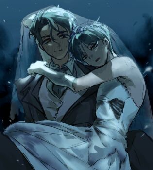 2boys alien_stage black_eyes black_hair black_jacket blush carrying carrying_person collared_shirt commentary crossdressing crossdressing_(mtf) dobugi221833 dress english_commentary gloves green_eyes grey_hair halloween ivan_(alien_stage) jacket korean_commentary looking_at_another male_focus mixed-language_commentary multiple_boys open_mouth see-through_clothes see-through_veil shirt till_(alien_stage) veil white_dress white_gloves white_shirt