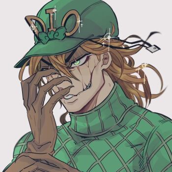 Rule 34 | 1boy, blonde hair, brown gloves, commentary request, cracked skin, diego brando, glasgow smile, gloves, green eyes, green hat, green sweater, hat, jojo no kimyou na bouken, male focus, mutsuki (mutuki05), portrait, smile, solo, sparkle, steel ball run, sweater, turtleneck, turtleneck sweater
