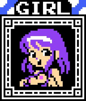 Rule 34 | 1girl, black background, black eyes, breasts, breasts out, coconuts japan, game party, looking at viewer, nipples, open clothes, open mouth, pixel art, purple hair, saiwai hiroshi, short hair, small breasts, smile, teeth, upper body
