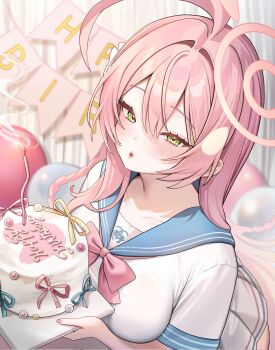 1girl ahoge balloon birthday birthday_cake blue_archive blush bow braid breasts cake food green_eyes halo hanako_(blue_archive) happy_birthday hashtag-only_commentary highres holding holding_cake holding_food hyurumari large_breasts long_hair pink_hair pink_halo shirt white_bow white_shirt