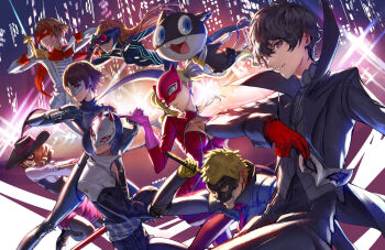 4girls akechi_gorou amamiya_ren animal athenawyrm black-framed_eyewear black_hair blonde_hair blush bodysuit boots braid brown_eyes brown_hair cat crown_braid fox_(persona_5) fox_tail glasses gloves hat headphones jacket joker_(persona_5) kitagawa_yuusuke long_hair looking_at_viewer mask morgana_(persona_5) multiple_boys multiple_girls niijima_makoto noir_(persona_5) okumura_haru open_mouth oracle_(persona_5) orange_hair panther_(persona_5) pants persona persona_5 plaid_clothes plaid_pants queen_(persona_5) red_gloves red_legwear sakamoto_ryuuji sakura_futaba short_hair skull_(persona_5) smile sword tail takamaki_anne twintails weapon whip