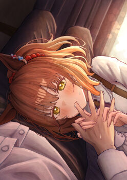 Rule 34 | 1boy, 1girl, animal ears, aston machan (umamusume), blush, breasts, brown hair, commentary request, curtains, finger to mouth, green eyes, highres, holding hands, horse ears, lap pillow, large breasts, looking at viewer, pants, pov, pov hands, shiroiro en, solo, solo focus, umamusume, window