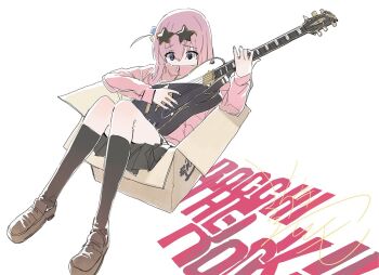 1girl @_@ black_skirt black_socks bocchi_the_rock! box brown_shoes cardboard_box chinese_commentary commentary_request copyright_name covered_mouth cube_hair_ornament electric_guitar eyewear_on_head flustered frown gibson_les_paul gotoh_hitori guitar hair_ornament holding holding_guitar holding_instrument in_box in_container instrument jacket kneehighs loafers long_hair long_sleeves miniskirt modare music one_side_up panicking pink_hair pink_jacket playing_guitar playing_instrument pleated_skirt popped_collar reclining shoes side_ahoge signature simple_background skirt socks solo star-shaped_eyewear star_(symbol) sunglasses text_background track_jacket two-handed white_background zipper zipper_pull_tab