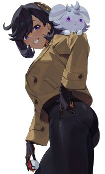 1girl absurdres ass black_bodysuit black_gloves black_hair bodysuit breasts brown_coat coat dark-skinned_female dark_skin emma_(pokemon) espurr from_below from_side gen_6_pokemon gloves grin highres kamu_(kamuuei) long_sleeves nintendo pokemon pokemon_legends:_z-a short_hair simple_background smile standing white_background