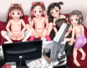 4girls absurdres artist_request ass barefoot blush bottomless camisole censored cleft_of_venus collarbone computer crotchless decensored double_v exhibitionism fat_mons feet female_focus flat_chest full_body glasses harem headphones higeepon highres lingerie loli looking_at_viewer monitor mosaic_censoring multiple_girls nipples presenting prostitution public_indecency pussy rabbit_ears revealing_clothes see-through_clothes smile spread_pussy tagme thighhighs third-party_edit thong toilet_paper transparent uncensored underwear v