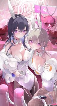 2girls animal_ear_hairband animal_ears balloon bare_shoulders black_hair blue_hair bow bowtie breasts choker cigarette colored_inner_hair commentary_request detached_collar fake_animal_ears fur_shawl grey_hair hairband heart_balloon highres holding holding_cigarette holding_lighter holding_stuffed_toy ichinose_uruha komori_met leotard lighter long_hair looking_at_viewer medium_breasts momochi_tamalu multicolored_hair multiple_girls pantyhose_under_leotard playboy_bunny purple_eyes rabbit_ears shawl strapless strapless_leotard stuffed_animal stuffed_rabbit stuffed_toy vspo! white_leotard