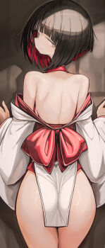 1girl ass black_hair blunt_bangs bob_cut bow brown_eyes colored_inner_hair from_behind genek highres inverted_bob japanese_clothes kimono looking_at_viewer multicolored_hair off_shoulder original red_hair short_hair short_kimono solo white_kimono