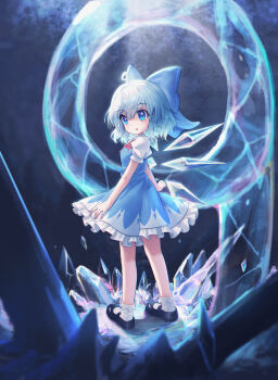 1girl absurdres black_shoes blue_bow blue_dress blue_eyes blue_hair bow cirno cirno_day commentary detached_wings dress full_body hair_bow highres ice ice_wings mary_janes neck_ribbon open_mouth pinafore_dress puffy_short_sleeves puffy_sleeves red_ribbon ribbon shirt shoes short_sleeves sleeveless sleeveless_dress socks solo toorooo touhou white_shirt white_socks wings