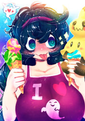 Rule 34 | 1girl, @ @, ahoge, black hair, blue background, blue eyes, blush, breasts, collarbone, creatures (company), curly hair, facing viewer, food, game freak, gen 7 pokemon, ghost print, gradient background, grin, hair between eyes, hairband, hakkasame, hands up, headband, heart, hex maniac (pokemon), holding, holding food, holding ice cream, holding ice cream cone, ice cream, ice cream cone, large breasts, long hair, looking to the side, mimikyu, multicolored background, multicolored eyes, nintendo, pokemon, pokemon (creature), pokemon xy, purple background, purple eyes, purple hairband, purple headband, purple shirt, purple tank top, ringed eyes, shirt, simple background, sleeveless, smile, sparkle, speech bubble, spoken heart, sunlight, sweat, tagme, tank top, tongue, tongue out, upper body, wavy mouth, white shirt, white tank top, white trim, wide-eyed