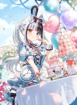 1girl :q balloon black_hair blue_dress blue_eyes blunt_bangs braid breasts cake choppy_bangs dress eating food hand_up heart_balloon highres holding holding_food holding_macaron indie_virtual_youtuber kagura_mea licking_lips long_hair looking_at_viewer macaron maid medium_breasts momoshiki_tsubaki multicolored_hair outdoors puffy_short_sleeves puffy_sleeves ribbon short_sleeves solo tongue tongue_out twintails two-tone_hair virtual_youtuber white_hair white_ribbon yellow_eyes