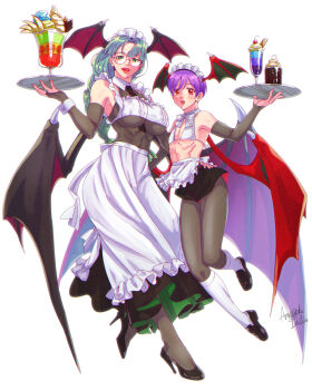 2girls alternate_hairstyle apron black_pantyhose blunt_bangs braid breasts bridal_gauntlets commentary_request czohztnoii darkstalkers demon_wings dessert food frilled_apron frills full_body glasses green_eyes green_hair high_heels highres holding holding_plate lilith_(darkstalkers) long_hair maid maid_headdress morrigan_aensland multiple_girls pantyhose plate purple_hair red_eyes round_eyewear short_hair small_breasts smile white_apron white_background wings
