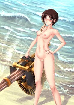 1girl absurdres adsouto beach black_hair breasts brown_hair cleavage coco_adel day female_focus full_body gatling_gun hand_on_own_hip highres medium_breasts minigun multicolored_hair nude rwby short_hair solo standing uncensored watermark weapon
