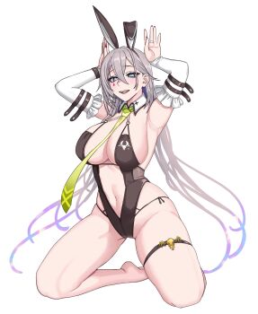 1girl animal_ear_hairband animal_ears black_one-piece_swimsuit blue_eyes breasts bridal_gauntlets bright_pupils cosplay fake_animal_ears fate/grand_order fate_(series) green_necktie grey_hair hair_between_eyes hairband highres horizontal_pupils huyan_zhuo_(fate) huyan_zhuo_(fate)_(cosplay) huyan_zhuo_(swimsuit_berserker)_(fate) indie_virtual_youtuber kneeling kuon_bb large_breasts long_hair navel necktie one-piece_swimsuit open_mouth pochimaru_(vtuber) rabbit_ear_hairband rabbit_ears red_nails solo swimsuit teardrop_facial_mark tentacle_hair virtual_youtuber white_background white_pupils