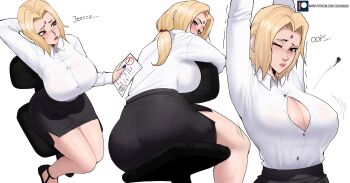 1girl ass black_skirt blonde_hair blouse breasts chair cleavage curvy echo_saber facial_mark forehead_mark highres large_breasts legs_together low_twintails miniskirt nail_polish naruto_(classic) naruto_(series) office_chair office_lady one_eye_closed parted_bangs pencil_skirt popped_button shirt simple_background sitting sitting_backwards skirt solo stretching swivel_chair teacher tsunade_(naruto) twintails white_background