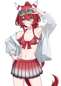 1girl absurdres alternate_costume alternate_hairstyle animal_ears armpits bikini blush breasts closed_mouth commentary_request eyewear_on_head green_eyes highres horse_ears horse_girl long_hair looking_at_viewer moyashi_toufu navel ponytail simple_background small_breasts smile solo swimsuit umamusume white_background win_variation_(umamusume)