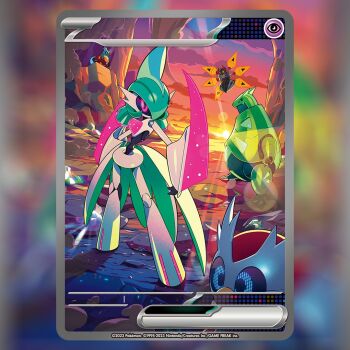 akikan_(kantaro) arm_blade black_sclera blue_eyes card_(medium) closed_mouth cloud colored_sclera commentary company_name copyright_name copyright_notice english_commentary floating green_eyes iron_bundle iron_moth iron_thorns iron_valiant lens_flare nintendo non-humanoid_robot official_art orange_eyes outdoors pink_eyes pixel_eyes pokemon pokemon_(creature) pokemon_card pokemon_focus pokemon_tcg robot sky standing sun textless_version third-party_source trading_card v-shaped_eyes weapon