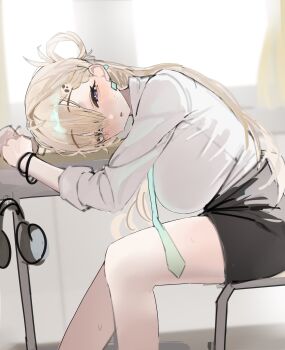 1girl 570_ml aqua_necktie asymmetrical_bangs asymmetrical_hair black_skirt blonde_hair blue_eyes blush bracelet braid braided_bangs breasts commentary desk earrings eyes_visible_through_hair feet_out_of_frame from_side gradient_necktie green_necktie hair_ornament hair_rings hashtag-only_commentary headphones highres jewelry large_breasts long_hair looking_at_viewer lynae_(wuthering_waves) miniskirt necktie parted_lips pencil_skirt school_desk shirt shirt_tucked_in sitting skirt skull_hair_ornament sleeves_rolled_up solo star_(symbol) star_earrings sweat white_shirt wuthering_waves