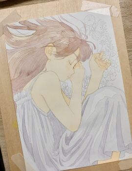 Rule 34 | 1girl, brown hair, closed eyes, dress, fetal position, highres, long hair, lying, on side, original, painting (medium), photo (medium), shinomiya nanase, sleeping, solo, traditional media, watercolor (medium), white dress