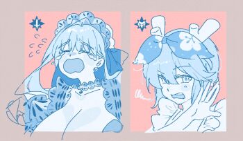 Rule 34 | 00000000w, 2girls, antlers, blue theme, breasts, choker, cleavage, closed eyes, crying, deer antlers, earrings, fate/grand order, fate (series), flying sweatdrops, grand servant (fate/grand order), hair between eyes, hair ribbon, hairband, hand up, hashtag-only commentary, horns, huge breasts, jewelry, long hair, louhi (fate), louhi (first ascension) (fate), multiple girls, open mouth, outside border, passionlip (fate), passionlip (swimsuit saber) (third ascension) (fate), ribbon, short hair, sideways glance, squiggle, teeth, upper body, upper teeth only