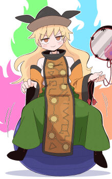 1girl ball blonde_hair blush_stickers brown_eyes closed_mouth commentary_request constellation_print exercise_ball highres jitome kurachi_mizuki looking_at_viewer matara_okina no_nose on_ball shirt sitting sitting_on_ball smile solo tabard touhou white_shirt