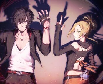 1boy 1girl 3h8fu @_@ absurdres beard beard_stubble belt black_jacket blonde_hair chinstrap_beard clive_rosfield clive_rosfield_(hellfire_jacket) detached_collar dissidia_duellum_final_fantasy dissidia_final_fantasy explosive facial_hair facial_tattoo final_fantasy final_fantasy_x final_fantasy_xvi fingerless_gloves gloves green_eyes grenade highres index_finger_raised jacket off-shoulder_shirt off_shoulder orange_skirt rikku_(ff10) rikku_(pop_star)_(ff10) shirt skirt stubble tattoo v-neck wallet_chain
