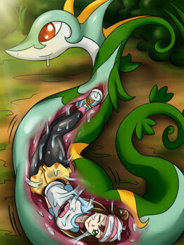 1girl acid bad_end brown_hair bulge cross-section digesting_girl digestion gen_5_pokemon helpless imminent_death inside_creature krlitosss nintendo outdoors peril pokemon pokemon_(creature) pokemon_bw2 rosa_(pokemon) saliva serperior snake stomach stomach_bulge vore wince x-ray