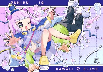 1boy 1girl ;d absorbing bike_shorts black_pants blue_hair blunt_bangs commentary_request constricted_pupils copyright_name double_bun full_body gradient_hair green_eyes green_shirt hair_bun hat jacket kawaii_kotarou knees_up long_hair long_sleeves looking_at_viewer mini_hat mini_top_hat mizukiebiebi monster_girl multicolored_hair one_eye_closed open_mouth outline outstretched_arms pants puniru_(puniru_wa_kawaii_slime) puniru_wa_kawaii_slime purple_hair shirt shoes sitting slime_(substance) slime_girl smile spread_arms top_hat white_outline yellow_shoes