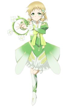 Rule 34 | 1girl, blonde hair, blush, boots, bow, brown hair, chakram, commentary, dress, flower, full body, green eyes, hair flower, hair ornament, hairclip, highres, inubouzaki itsuki, knee boots, leg up, looking at viewer, magical girl, short hair, simple background, smile, solo, standing, standing on one leg, symbol-only commentary, tenma (0806), transparent background, weapon, white background, yuuki yuuna wa yuusha de aru, yuusha de aru