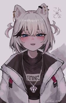 Rule 34 | 1girl, :3, :d, absurdres, animal ear piercing, animal ears, aster drawing, black streaks, black sweater, blue eyes, blush, chain, chain necklace, commentary request, cropped sweater, crown necklace, dog ears, dog girl, fangs, grey background, grey hair, highres, jacket, jewelry, kmnz, medium hair, multicolored hair, necklace, open clothes, open jacket, open mouth, simple background, smile, solo, streaked hair, sweater, tina (kmnz), translation request, twitter username, upper body, virtual youtuber, white jacket
