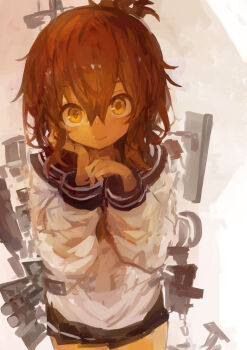 1girl absurdres anchor black_sailor_collar brown_hair chain closed_mouth commentary folded_ponytail hair_between_eyes hand_on_own_cheek hand_on_own_face highres inazuma_(kancolle) kaamin_(mariarose753) kantai_collection long_sleeves looking_at_viewer miniskirt neckerchief pleated_skirt rigging sailor_collar school_uniform serafuku simple_background skirt solo yellow_eyes