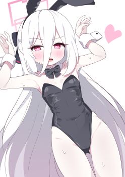 1girl absurdres animal_ear_hairband animal_ears black_bow black_bowtie black_leotard blue_archive bow bowtie breasts commentary_request cowboy_shot detached_collar embarrassed fake_animal_ears hair_between_eyes hairband halo heart highres kei_(blue_archive) lattes2 leotard long_hair_between_eyes one-hour_drawing_challenge playboy_bunny rabbit_ears rabbit_pose rectangular_halo red_eyes red_halo ringed_eyes small_breasts solo strapless strapless_leotard white_hair wrist_cuffs