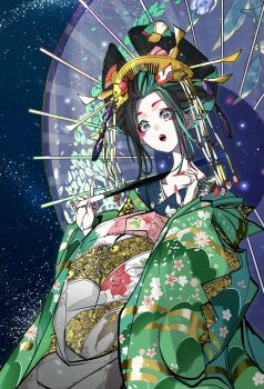 1girl applying_manicure black_hair commentary datehyogo floral_print floral_print_kimono green_kimono hair_ornament highres holding holding_umbrella japanese_clothes kanzashi kimono layered_kimono looking_at_viewer makeup masadaora nihongami oiran open_mouth original pale_skin print_kimono solo umbrella