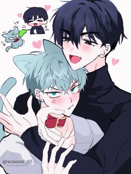 Rule 34 | 2boys, :/, :d, alien stage, anger vein, animal, animal ears, animalization, belt collar, black hair, black shirt, blue eyes, blue hair, blush stickers, cat, cat boy, cat ears, cat tail, cat teaser, closed mouth, collar, commentary, fang, grey shirt, heart, highres, holding, holding cat teaser, ivan (alien stage), long sleeves, male focus, multiple boys, open mouth, person and animalization, red collar, sanpaku, shirt, short hair, smile, symbol-only commentary, tail, till (alien stage), tongue, triangle mouth, turtleneck, wa (waoon 05), watermark, white background, yaoi