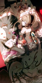 2girls absurdres alternate_costume bare_shoulders black_dress black_hair black_thighhighs blue_eyes bonnet brown_hair closed_eyes closed_mouth columbina_(genshin_impact) commentary dress english_commentary flower genshin_impact hand_on_own_stomach highres kkopoli long_hair long_sleeves looking_to_the_side lying multicolored_hair multiple_girls on_back on_stomach over-kneehighs purple_hair red_flower red_rose rose sandrone_(genshin_impact) short_hair_with_long_locks thighhighs two-tone_hair upside-down very_long_hair