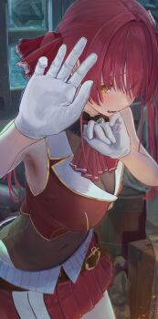 1girl absurdres ascot bare_shoulders blush breasts brown_leotard commentary_request covered_navel embarrassed eyes_visible_through_hair gloves hair_ornament heterochromia highres hinataaoi_(iraiuketsukechuu) hololive houshou_marine houshou_marine_(1st_costume) large_breasts leotard leotard_under_clothes long_hair looking_at_viewer miniskirt open_mouth pleated_skirt red_ascot red_eyes red_hair red_skirt red_vest skirt solo twintails vest virtual_youtuber white_gloves yellow_eyes