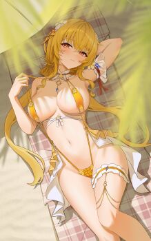 1girl absurdres arm_behind_head arm_up armpits bare_shoulders beach beach_mat beach_umbrella bikini_tug blonde_hair blue_gemstone blush breasts cleavage closed_mouth collarbone commentary criss-cross_straps day fenny_golden frilled_thigh_strap from_above gem hair_between_eyes highres kai_si_(hscn5578) large_breasts light_smile long_hair looking_at_viewer lying navel on_back orange_eyes orange_slingshot_swimsuit outdoors palm_tree slingshot_swimsuit snowbreak:_containment_zone solo stomach strap_lift sunlight swimsuit thigh_strap thighs tree umbrella very_long_hair