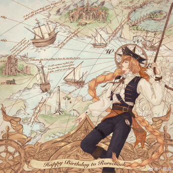 1boy absurdres ahoge ascot belt belt_buckle bicorne black_belt black_boots black_hat black_vest blonde_hair blue_eyes boots braid bridge brooch brown_belt buckle building carriage chinese_commentary cloud cropped_vest curtained_hair english_text feet_out_of_frame floating_island fold-over_boots gold_ribbon hair_between_eyes happy_birthday hat headband highres holding holding_rope island jewelry jiuming_(weibo_7296535591) lars_rorschach long_hair long_sleeves looking_ahead lovebrush_chronicles male_focus map multiple_belts neck_ribbon ocean open_clothes open_vest orange_headband orange_sash parted_lips pocket_watch profile puffy_long_sleeves puffy_sleeves ribbon rope sash ship ship's_wheel shirt shoulder_belt single_braid solo standing standing_on_one_leg suspension_bridge tank_(container) tassel thigh_strap tower train tuxedo_shirt very_long_hair vest waist_sash watch watercraft white_ascot white_shirt