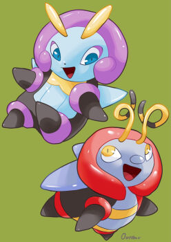 Rule 34 | :d, absurdres, artist name, blue eyes, bug, commentary request, gen 3 pokemon, green background, highres, illumise, nintendo, no humans, open mouth, ouran, pokemon, pokemon (creature), smile, volbeat, yellow eyes