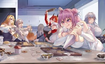 6+girls black_shirt blonde_hair blue_eyes breasts commentary cookie cooking demon_girl demon_horns english_commentary food frying_pan goddess_of_victory:_nikke grey_hair highres horns large_breasts liv_dherr looking_at_viewer multiple_girls neon_(nikke) pink_hair purple_eyes rapunzel_(nikke) red_hood_(nikke) scarlet_(nikke) shirt smile snow_white_(nikke) tongue tongue_out white_shirt