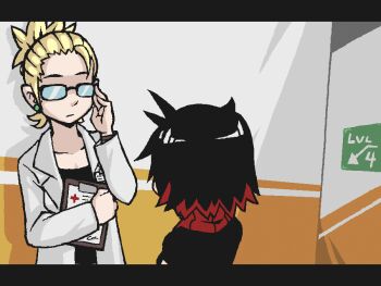 animated animated_gif artist_self-insert black_hair blood blush bubble english_text fangs glasses guro heart hushabye lips major_injury_underreaction mole nail_(hardware) neck nervous_sweating nose nurse original pain pointing pointing_up red_eyes scarf smile sweat